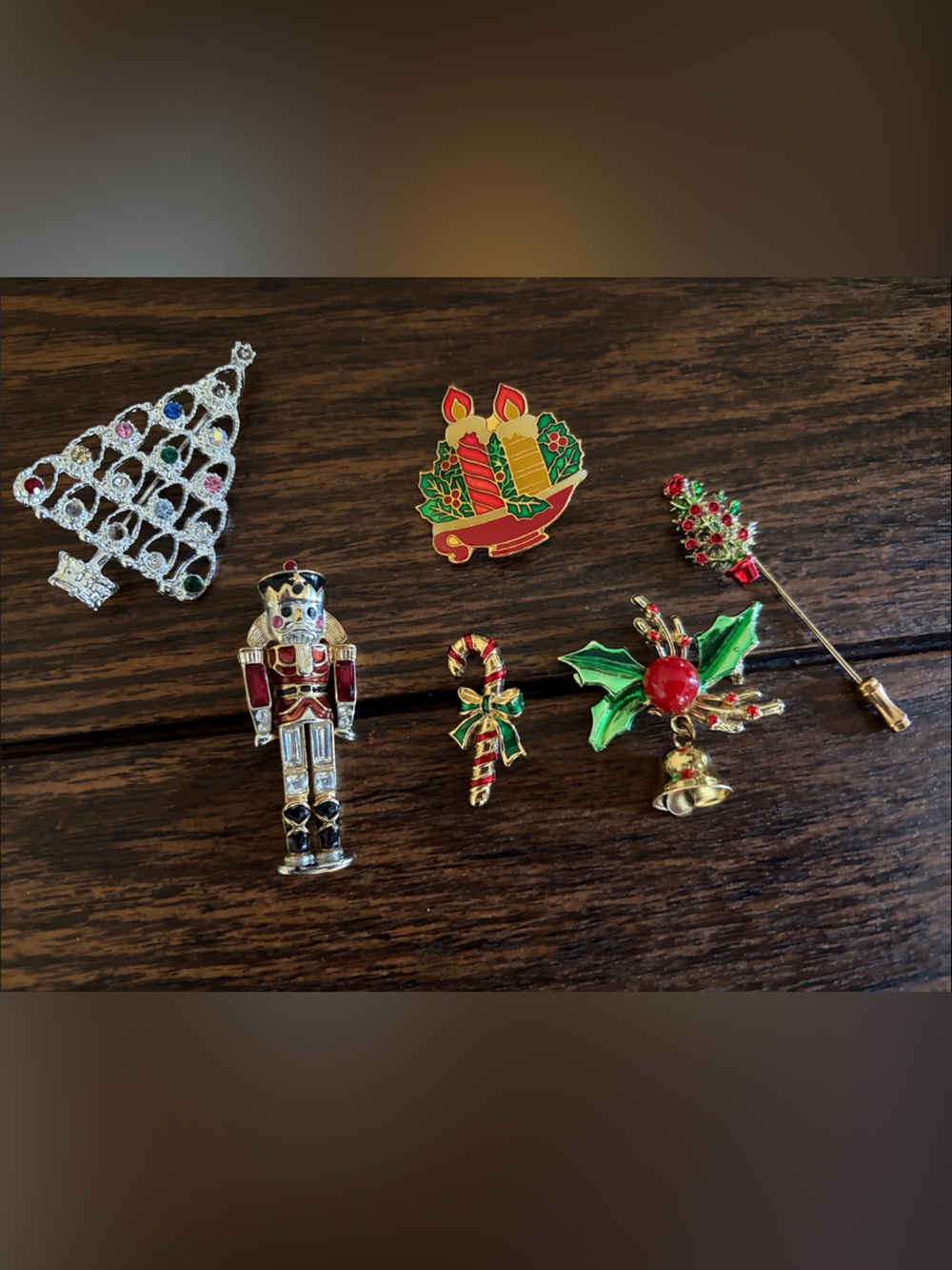Vintage Holiday Brooch Lot - Nutcracker, Tree, Candy Cane, Holly